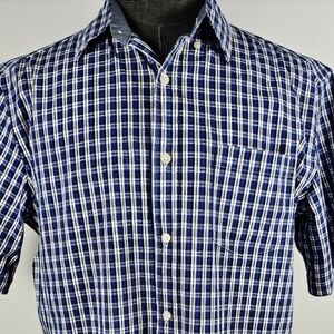 Mason James Men's Stretch Blue Plaid Short Sleeve Button Down Casual Size L